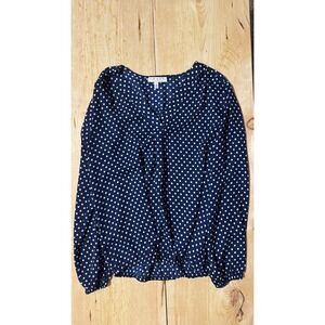 Chaus New York Navy Blue Polka Dot V-Neck Blouse Long Sleeve Elastic Hem Small